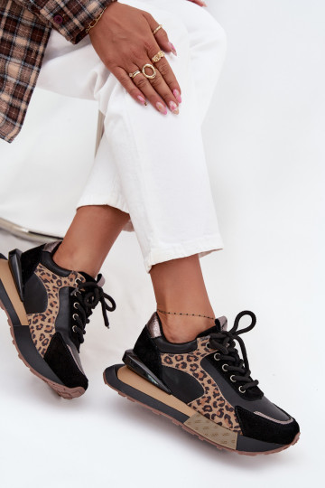 Baskets en cuir pour femmes avec plateforme et motif léopard en noir Artiker 55C0134
