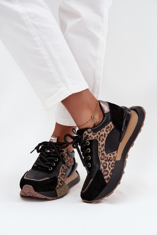 Baskets en cuir pour femmes avec plateforme et motif léopard en noir Artiker 55C0134
