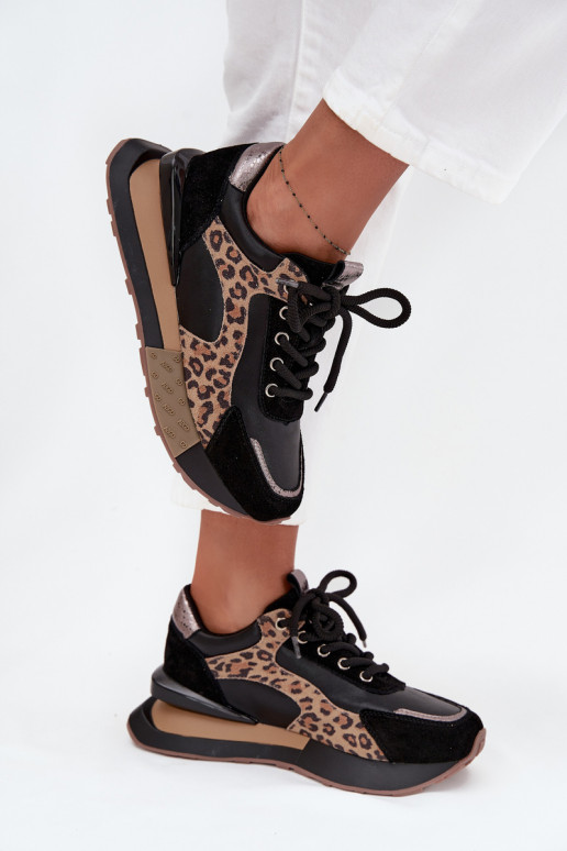 Baskets en cuir pour femmes avec plateforme et motif léopard en noir Artiker 55C0134