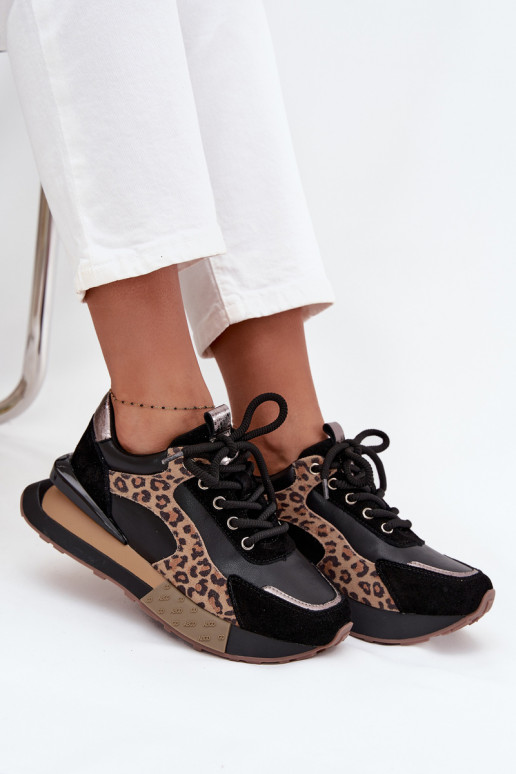 Baskets en cuir pour femmes avec plateforme et motif léopard en noir Artiker 55C0134