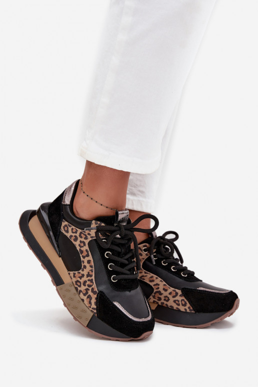 Baskets en cuir pour femmes avec plateforme et motif léopard en noir Artiker 55C0134