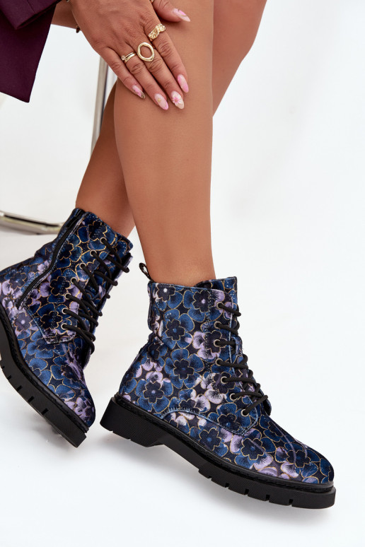 Bottines chaudes pour femmes avec fleurs en bleu foncé Artiker 57C1052