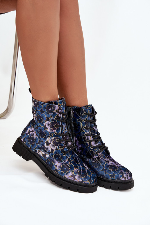 Bottines chaudes pour femmes avec fleurs en bleu foncé Artiker 57C1052