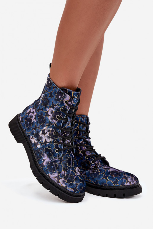 Bottines chaudes pour femmes avec fleurs en bleu foncé Artiker 57C1052