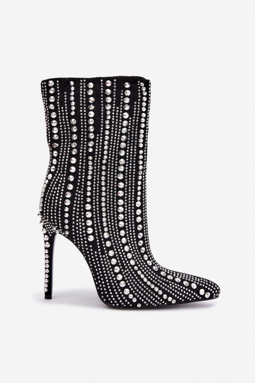Bottines chaudes avec talons fins, décorées de clous, noires Delva