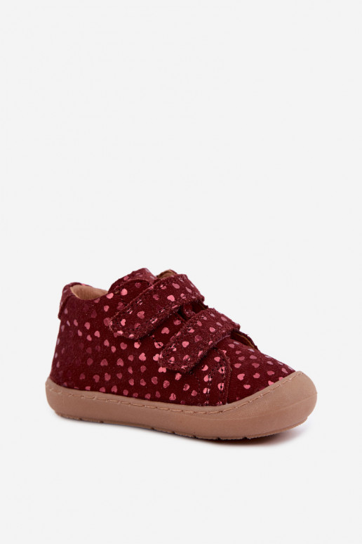 Chaussures en daim pour enfants bordeaux Barefoot avec cœurs Froddo G2130328-66