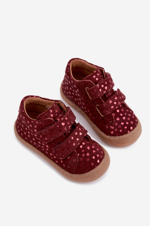 Chaussures en daim pour enfants bordeaux Barefoot avec cœurs Froddo G2130328-66