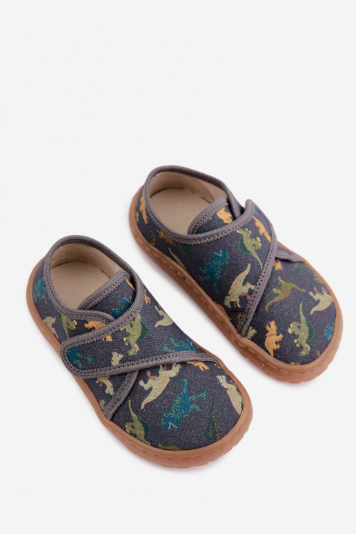 Chaussons pour enfants garçons avec fermetures adhésives Barefoot Dinozaurai Froddo G1700438-26 en gris