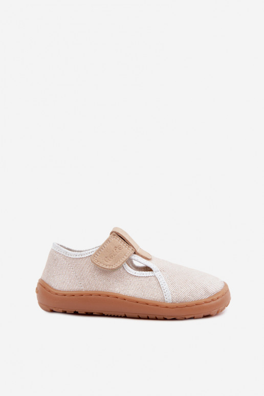 Chaussons pour enfants avec fermetures adhésives et brillance Barefoot Froddo Canvas G1700439-3 en or
