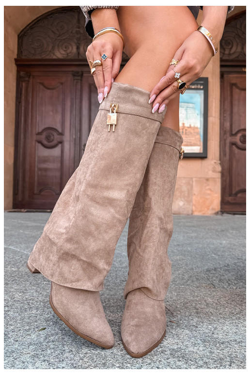 Bottes longues chaudes avec talons et incrustation dorée couleur sable Danessa