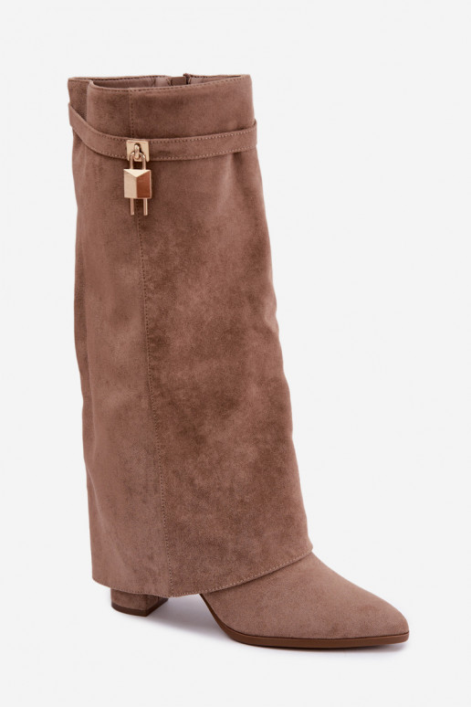 Bottes longues chaudes avec talons et incrustation dorée couleur sable Danessa