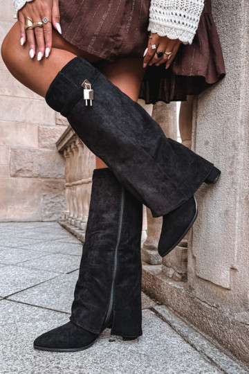 Bottes longues chaudes avec talons et incrustation dorée couleur noire Danessa