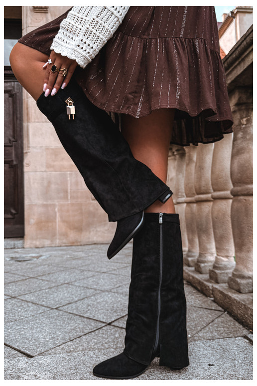 Bottes longues chaudes avec talons et incrustation dorée couleur noire Danessa