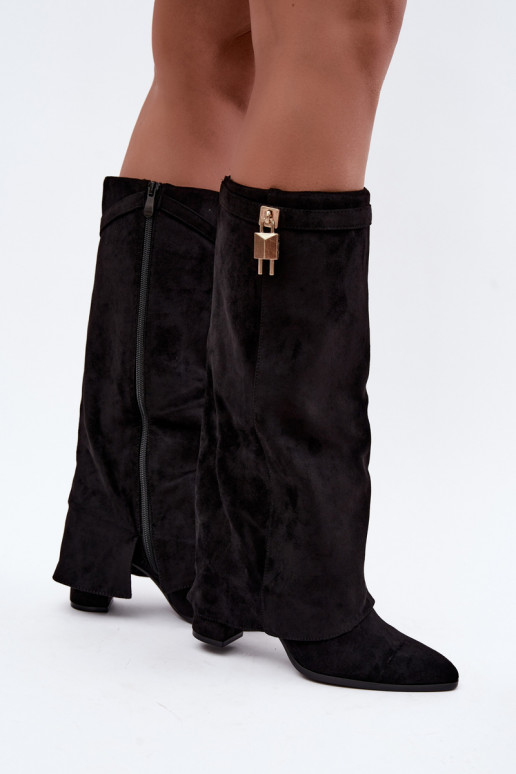 Bottes longues chaudes avec talons et incrustation dorée couleur noire Danessa