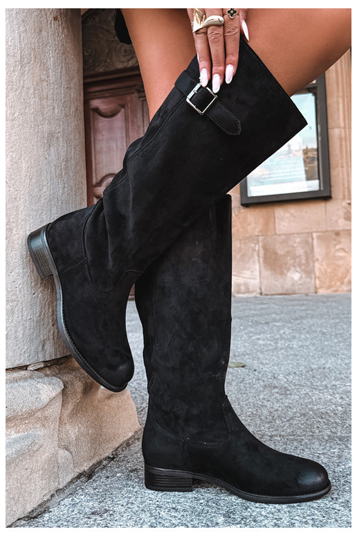 Bottes longues pour femmes avec talons larges et boucles en noir Farela