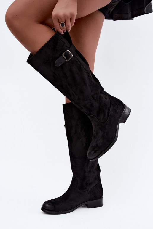 Bottes longues pour femmes avec talons larges et boucles en noir Farela
