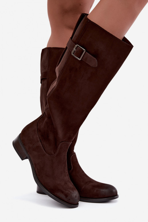 Bottes hautes pour femmes avec larges talons et boucles, brunes Farela