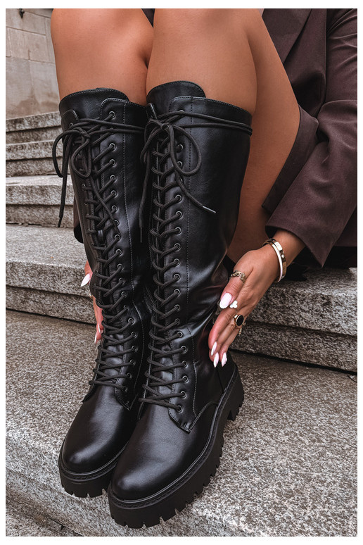 Bottes hautes pour femmes à lacets avec plateforme, noires Jalira