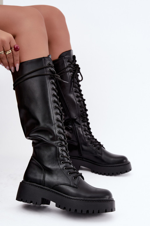 Bottes hautes pour femmes à lacets avec plateforme, noires Jalira