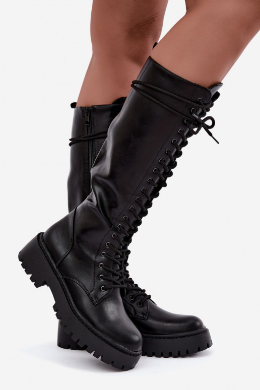 Bottes hautes pour femmes à lacets avec plateforme, noires Jalira