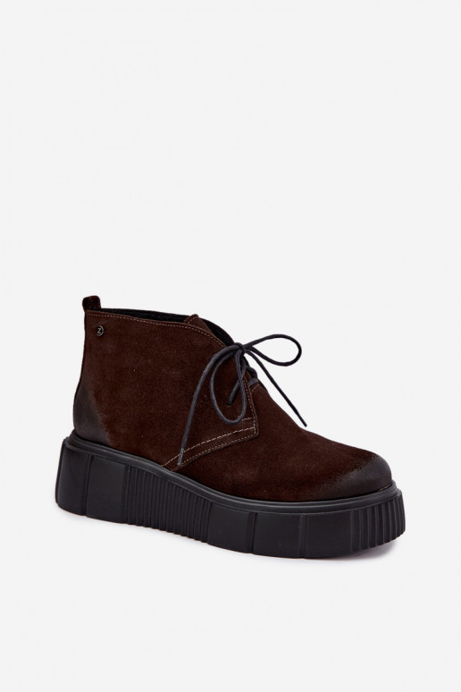 Chaussures pour femmes en cuir en faux daim chauffées avec plateforme en marron Zazoo 60588