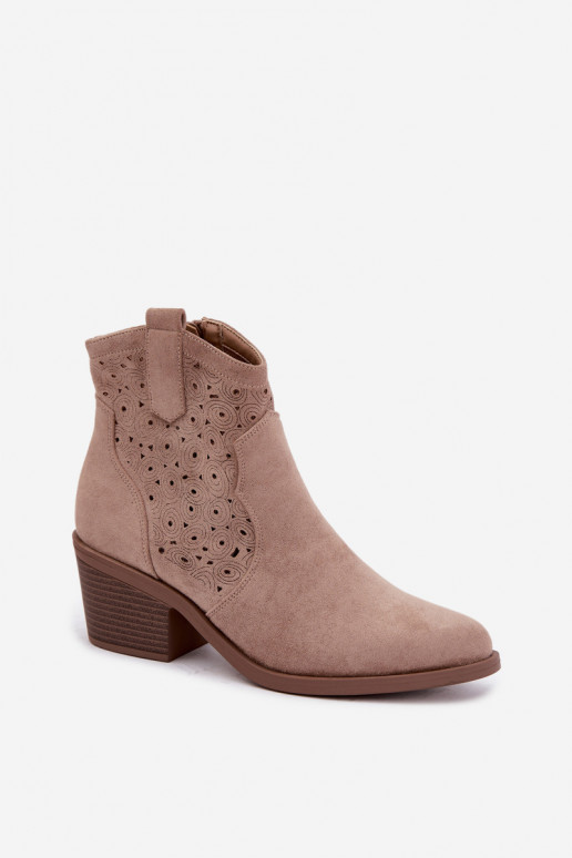 Bottines à talons en cuir découpé de style cowboy couleur sable S.Barski HY62-8147