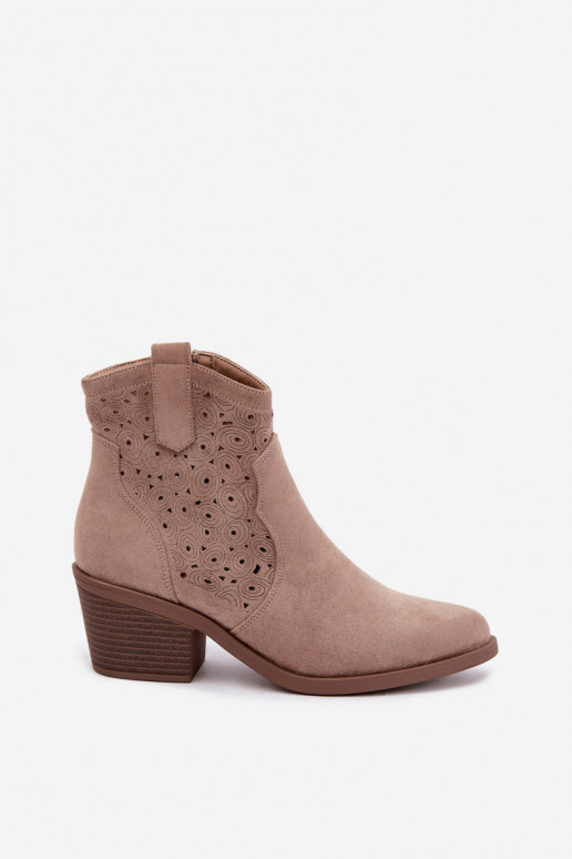 Bottines à talons en cuir découpé de style cowboy couleur sable S.Barski HY62-8147