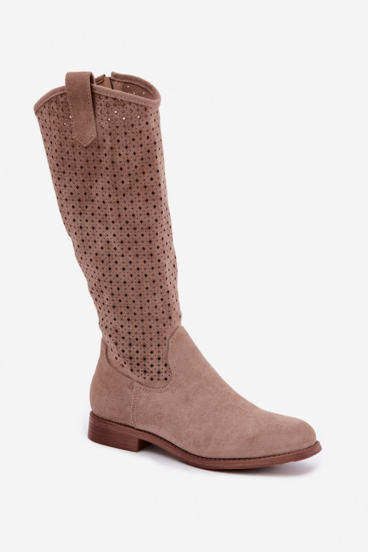 Bottes longues avec tige ajourée et talons larges S.Barski HY62-8144 sable