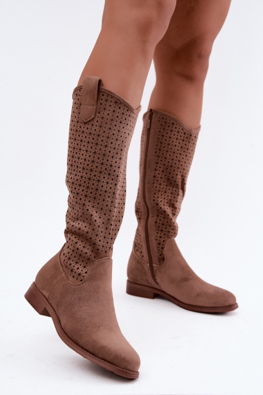 Bottes longues avec tige ajourée et talons larges S.Barski HY62-8144 marron