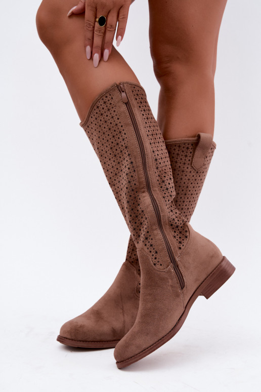 Bottes longues avec tige ajourée et talons larges S.Barski HY62-8144 marron