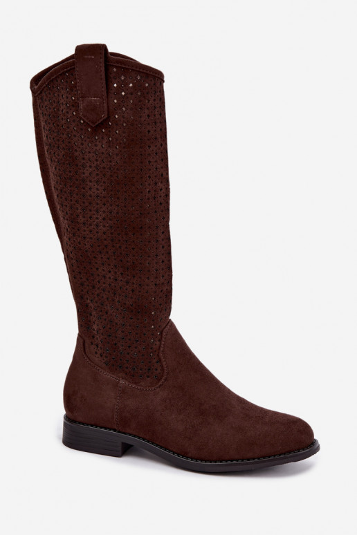 Bottes hautes avec design découpé et larges talons, brunes