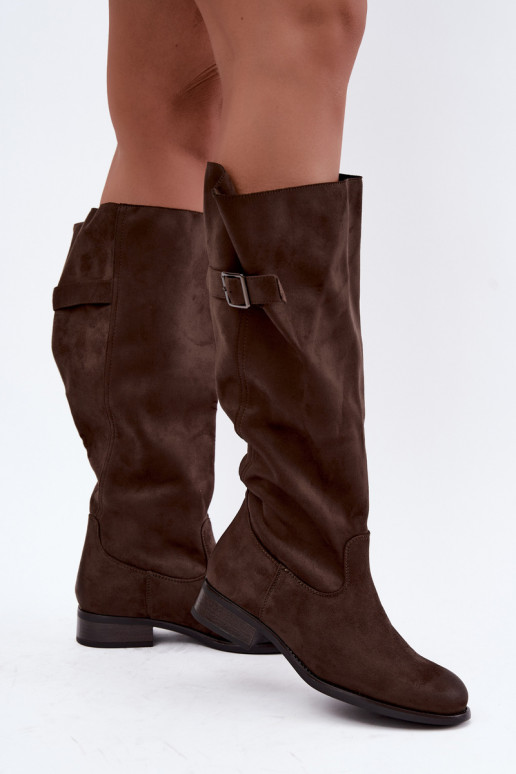 Bottes hautes kaki pour femmes avec larges talons et boucles Farela