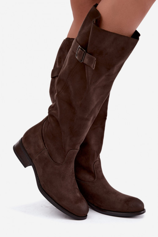 Bottes hautes kaki pour femmes avec larges talons et boucles Farela