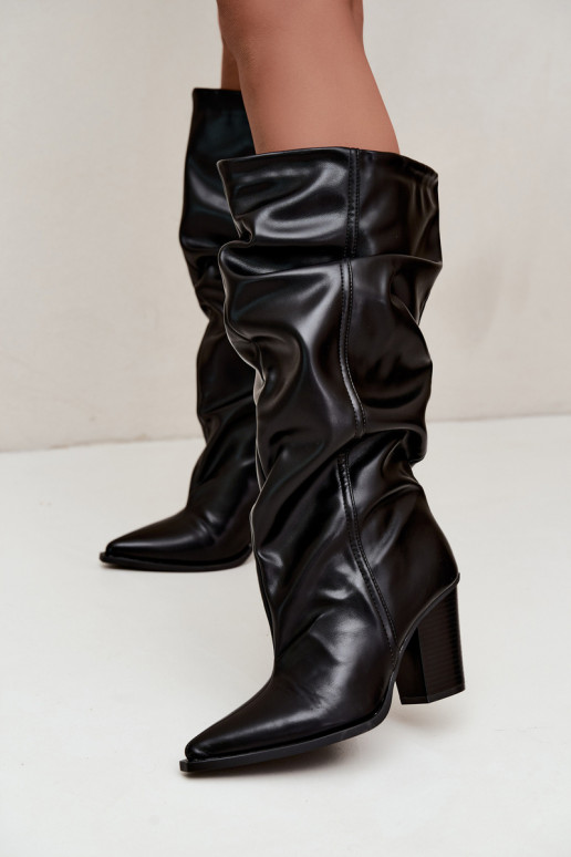 Bottes hautes à enfiler avec talons et volants en simili cuir noir Jensy