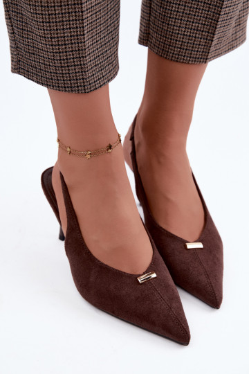 Chaussures à talon ouvert avec détails dorés et talons fins en couleur chocolat Renisa