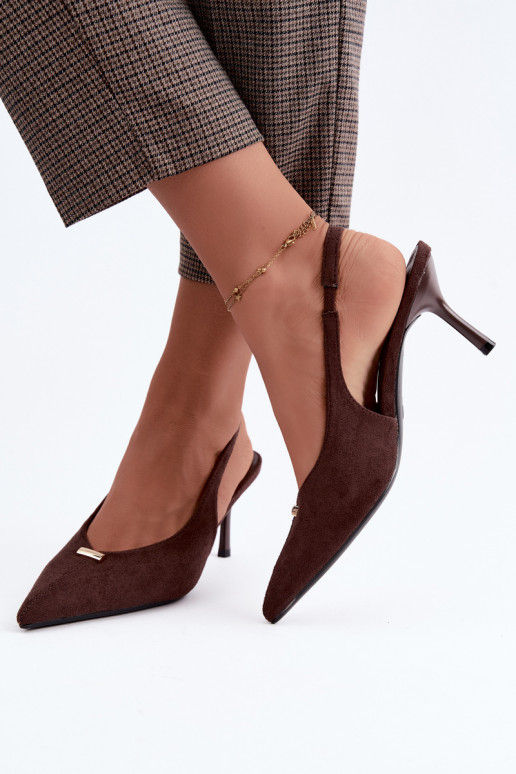 Chaussures à talon ouvert avec détails dorés et talons fins en couleur chocolat Renisa