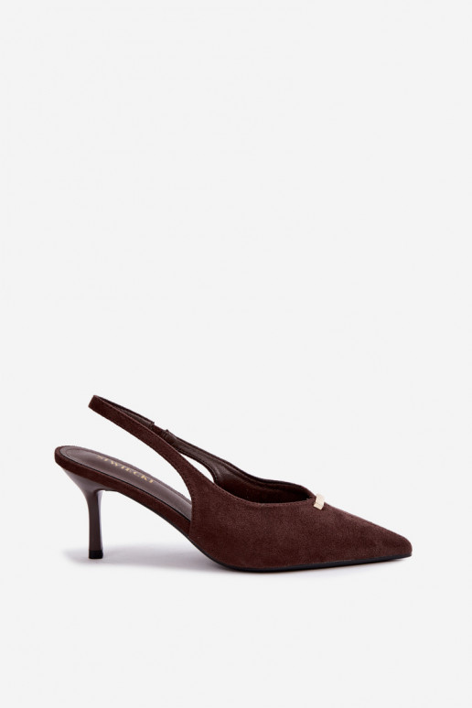 Chaussures à talon ouvert avec détails dorés et talons fins en couleur chocolat Renisa
