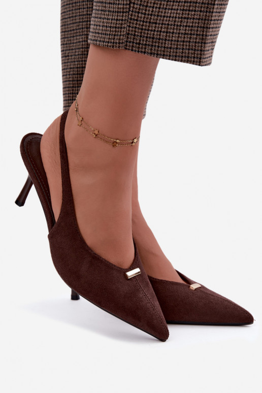 Chaussures à talon ouvert avec détails dorés et talons fins en couleur chocolat Renisa