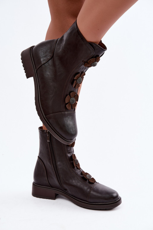 Bottines pour femmes avec talons larges et motifs floraux en chocolat