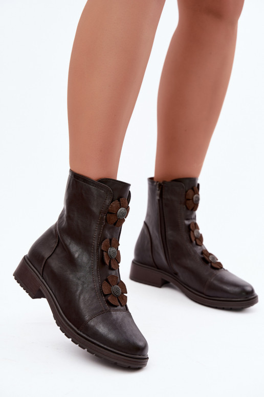 Bottines pour femmes avec talons larges et motifs floraux en chocolat