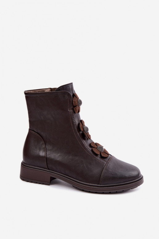 Bottines pour femmes avec talons larges et motifs floraux en chocolat