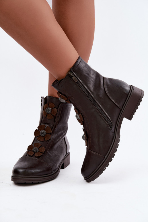 Bottines pour femmes avec talons larges et motifs floraux en chocolat