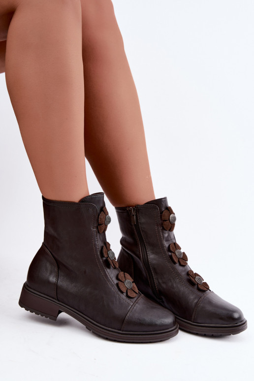 Bottines pour femmes avec talons larges et motifs floraux en chocolat