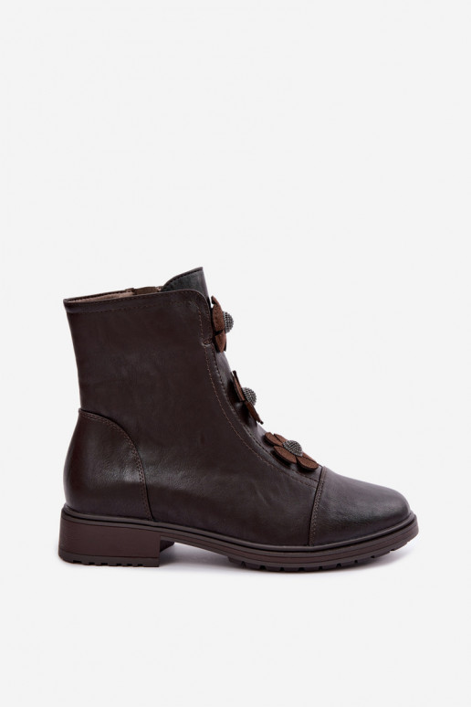 Bottines pour femmes avec talons larges et motifs floraux en chocolat