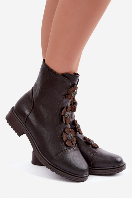 Bottines pour femmes avec talons larges et motifs floraux en chocolat