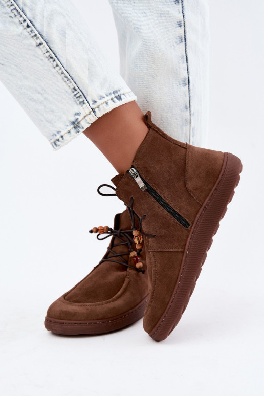 Bottines pour femmes chaudes Barefoot avec perles Zazoo 30078 en couleur brune