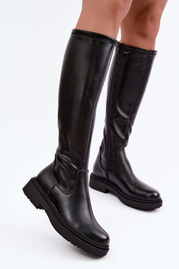Bottes longues pour femmes chaudes avec larges talons Zazoo KZ-02 en couleur noire