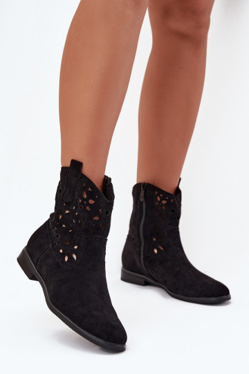 Bottines pour femmes avec éléments ajourés et talons larges en suède synthétique noir Athera 2