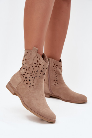 Bottines pour femmes avec éléments ajourés et talons larges en suède synthétique sable Athera