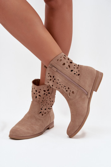 Bottines pour femmes avec éléments ajourés et talons larges en suède synthétique sable Athera 2